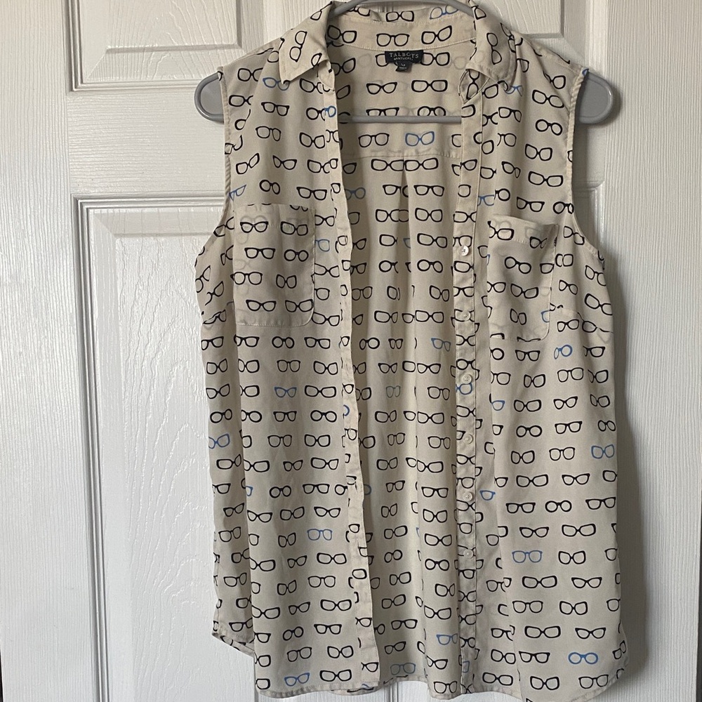 Talbots Cream Top with Black Glasses Pattern